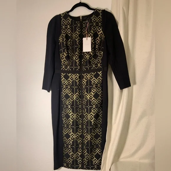 TED BAKER Mikha Bodycon Gold Print Black 3/4 Sleeve Dress TED BAKER Mikha Bodycon Gold Print Black 3/4 Sleeve Dress